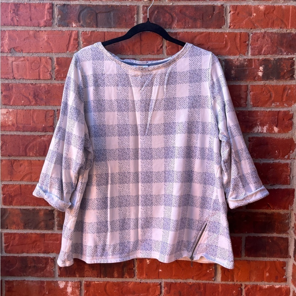 J. Jill Womens XL White Blue Buffalo Check Plaid Boxy Zipper Sweater